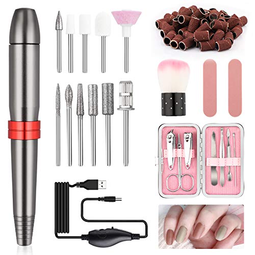 Electric Nail Drill Kit for Acrylic Gel Nails-USB Manicure Pen Sander Polisher, 56 Sanding Bands, 11 Pcs Drills, Nail Clipper Set, 2Pcs Nail Files (Grey) and Soft Nail Cleaning Brush