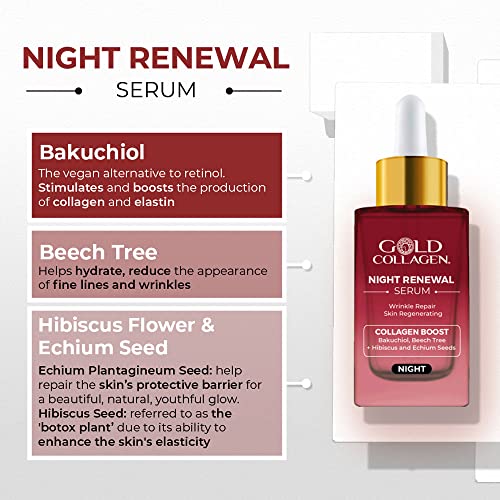 GOLD COLLAGEN Night Renewal- Face Serum, Boost of Collagen & Elastin Skincare Regenerator & Natural Substitute for Retinol - Image 2