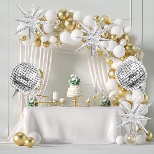Image of Disco Ball Balloons, 7 PCS Foil Mylar Balloon Set, 22 Inch Silver 4D Disco Balloon with Explosion Star Balloon for 70s 80s 90s Bachelorette Birthday Party Anniversary Wedding New Year Graduation Decor