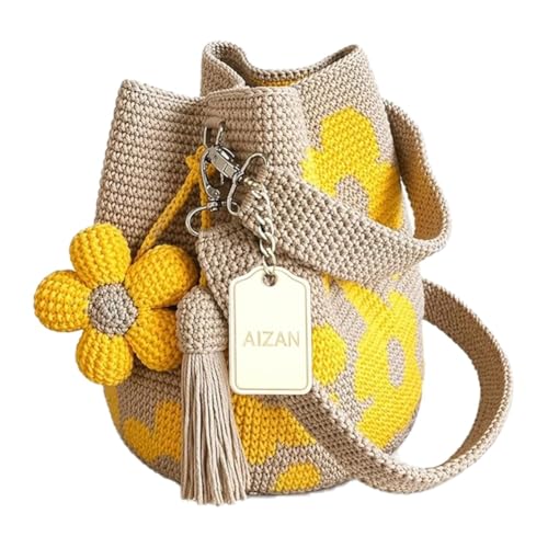 Crochet Flower Tote Bag for Women, Yellow, Boho Beach Purse