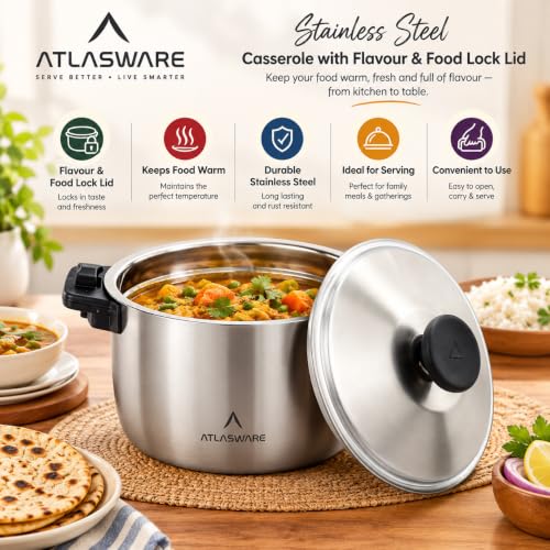 Image of Atlasware Stainless Steel Casserole with Flavour and Food Lock Lid 1650 ml