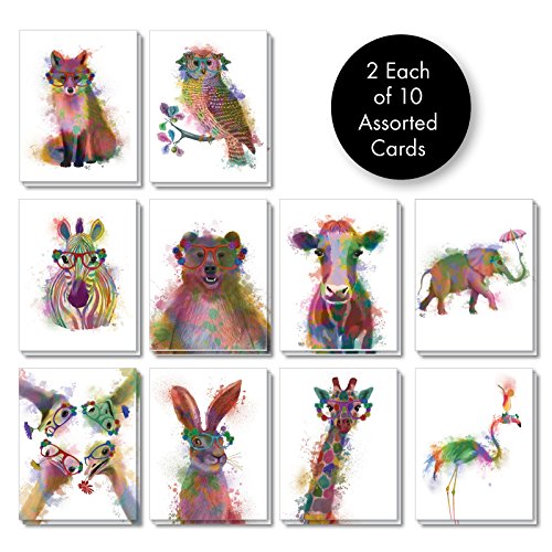 The Best Card Company - 20 Assorted Watercolor Animal Blank Notecards Box Set 4 x 5 In with Envelopes (10 Designs) Camp Note Cards Stationery Set, Funky Rainbow Wildlife AM4948OCB-B2x10 - Thumbnail 7
