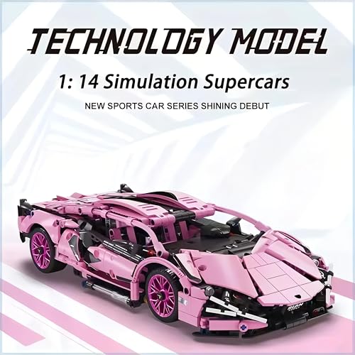 Image of 1:18 Scale Racing Car Building Block Set - Pull Back DIY Assembly Supercar Model | Compatible Bricks Toy for Kids, Adults, Collectors & Racing Car Lovers (Yellow Lamborghini) (Pink)
