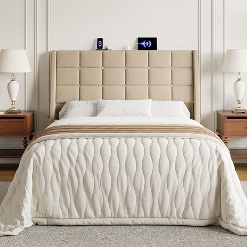 Image of Full Size Headboard with Charging Station, Wingback Ergonomic Headboards | Wingback Upholstered Bed Head Board with Storage Pocket, Sturdy Stable Solid Wood Headboard Only, Bed Frame Adapters, Beige