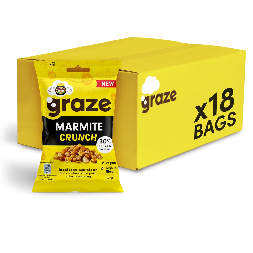 Graze - Marmite Snacks - Healthy Snacks Alternative for Crisps, Mixed Nuts & Pretzels - Ideal if you Love Corn, Broad beans and Corn hoops mixed Savoury Vegan Snacks (18x52g pack)