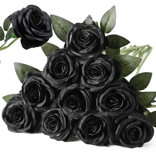 Nubry Artificial Silk Rose Flower Bouquet Lifelike Fake Rose for Wedding Home Party Decoration Event Gift 10pcs (Black) image 2