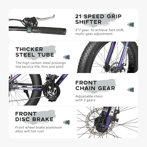 Outroad Fat Tire Mountain Bike with 26 inch Wheels, 21 Speed with High Carbon Steel Frame, Double Disc Brake and Front Suspension Anti-Slip Bikes