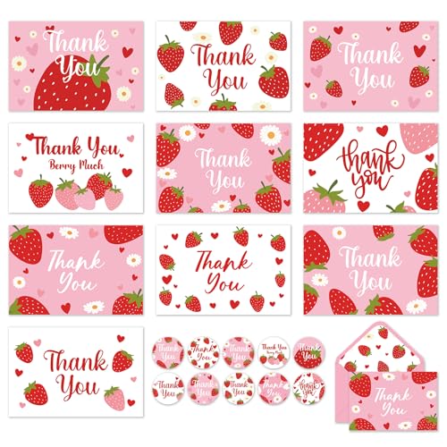 Cartes de remerciement fraise Whaline rose avec enveloppes autocollantes pour fête