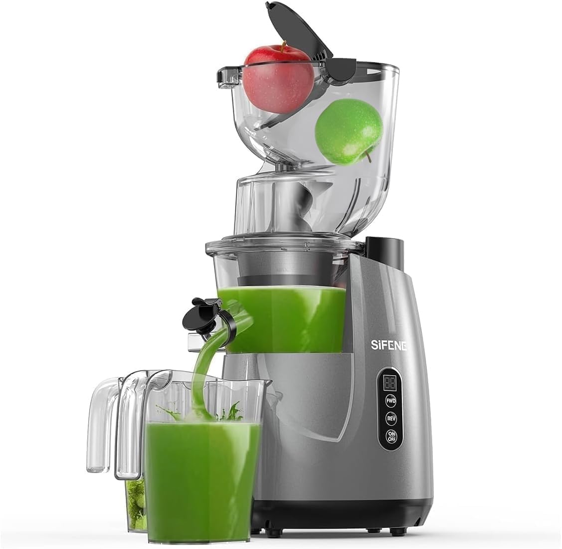 SiFENE Whole Fruit Cold Squeeze Machine - Vertical Slow Chew Juicer with Large 3.3" Feed Gutter - Easy to Clean,Grey