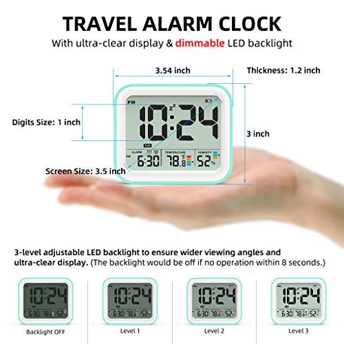Battery Operated Digital Alarm Clock, Dual Smart Alarm with Workdays/Weekends Setting, Loud Alarm, Snooze, Small Travel Clock with Indoor Thermometer/Hygrometer, Dimmable LED Backlight, Handheld Size