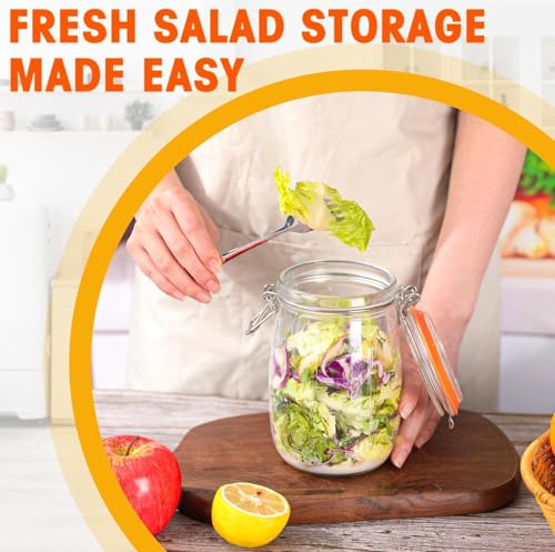 Image of 32oz Wide Mouth Glass Jars 4 Pack with Airtight Hinged Lids, Large Clear Kitchen Canisters with Measurement Marks & Decorative Fruit Design for Flour, Coffee, Beans, and Canning (4pack-32oz)