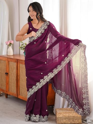 Image of SIRIL Women's Tissue Silk Sequence Embroidery Saree With Unstitched Blouse Piece
