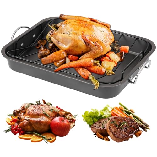 AIHSUMC Roasting Pan with Rack, Carbon Steel Turkey Roasting Pan with “V” Shape Removable Roasting Rack 15 x 11 Inch Nonstick Turkey Roaster Pan Rack for Oven Induction BBQs Smoker