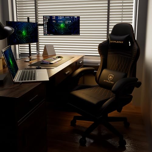 Image of GTPLAYER ACE-PRO Music Gaming Chairs - Built-in Speakers, App Support & Bluetooth Control, Computer Game Chairs with Footrest for Adults, Ergonomic, Reclining, Linkage Armrest, Black & Orange Stitch