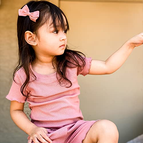 Image of Toddler Girl Clothes Summer Outfit Short Sleeve Shorts Set 12M-5T | Soft ribbed knit toddler girl outfit with breathable fabric, ruffle top, comfy shorts and stretchy fit for summer daily wear.