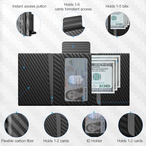 Mens Wallet Card Holder Pop up Card Case,Carbon Fiber Leather Slim Wallet，RFID Blocking 8-9 Card Capacity | ID Window | Cash Slot Minimalist Wallet for Men Black2
