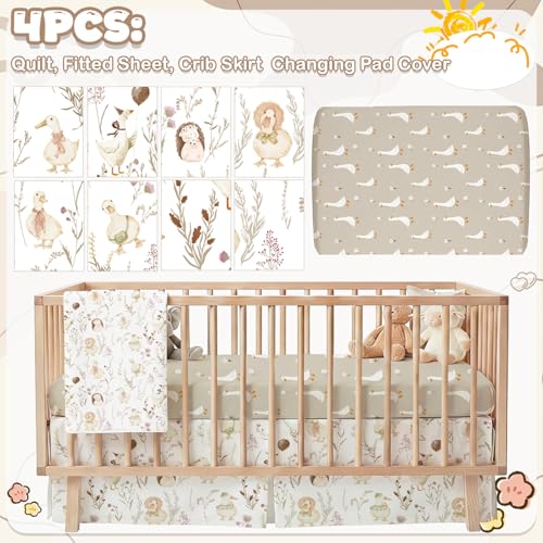 Image of Hahafelt 4 Pieces Crib Bedding Set for Girls and Boys, Soft Baby Bedding Set Including Crib Skirt, Comforter, Sheet and Diaper Stacker for Nursery(Goose Theme)