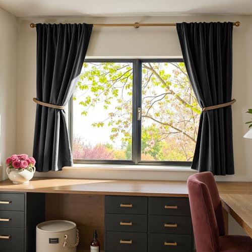 Image of Blackout Black Velvet Curtains Rod Pocket 52x63 Inch 2 Panels | Soft Velvet, For Small Windows, Kitchens & Bathrooms, Light Shifting Texture, Elegant Drape, Classic