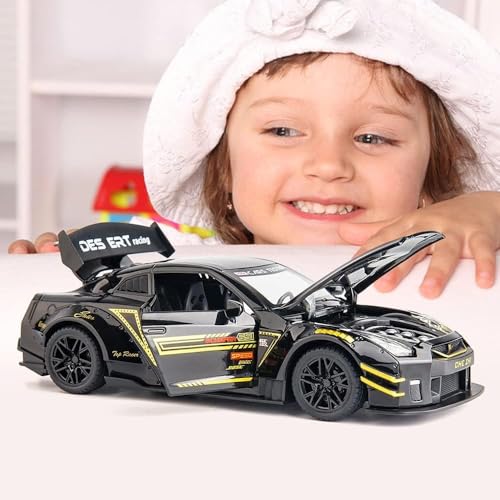 Image of WORSHIPER 1:24 Scale Compatible for Nissan GTR Model Car Toy, Zinc Alloy Pull Back Toy Car with Sound and Light for Kids Boy Girl Gift (1:24 Nissan GTR- Black)