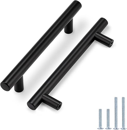 Probrico Paquete de 20 tiradores negros planos de 5 pulgadas con agujero central para gabinete, manijas de cajón en T, manijas de armario de cocina,