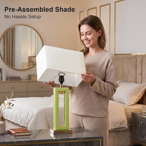 Image of 22 inch Modern Ceramic Table Lamps Set of 2, Green Crackle Glaze Hollow Bedside Lamps with Linen Shade, 5ft Cord Rotary Switch E26 Base Nightstand Lamps for Bedroom Living Room Entryway Decor