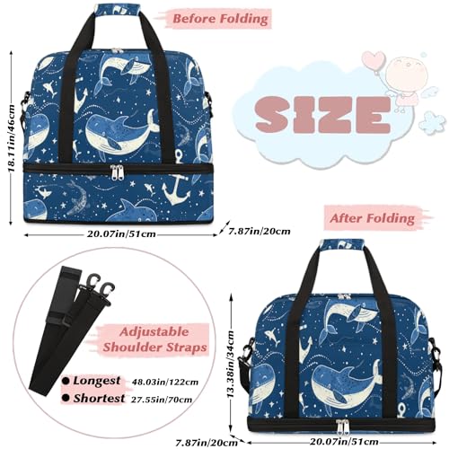 Travel Duffel Bag with Shoe Compartment, Whales Anchors Shoulder Weekender Bags for Women, Foldable Waterproof Travel Bag Carry on Bag2