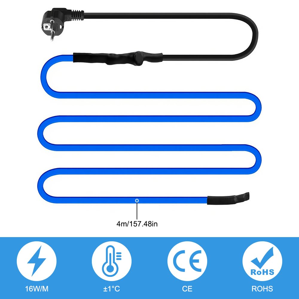 Cavo Scaldante Antigelo, 4M Cavo Riscaldante Autoregolante con Termostato Incorporato per Protezione di Tubi Acqua, Serpentina Riscaldante Filo Cavi Termici per Tubi Domestici Piante Grondaie