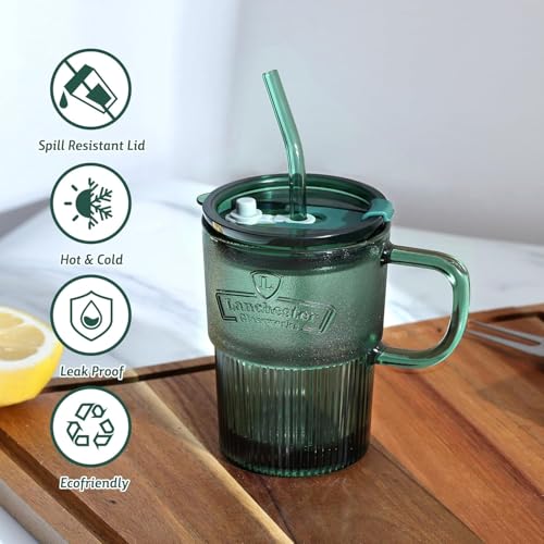 Image of Glass Coffee Cups Tumbler with Handle Lid and Straw, Smoothie Iced Coffee Tea Glasses Mug, Green Colored Drinking Jar for Water Juice Beverages Soda Milk (450ML, Pack of 1, Green)