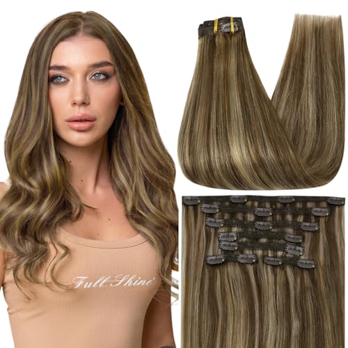 Image of Full Shine Real Hair Extensions Clip in Human Hair, Medium Brown to Blonde