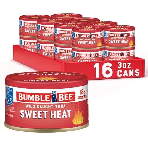 Bumble Bee Snackers - Sweet Heat Tuna, 3 oz Easy Open Can - 18g Protein per Serving - Wild Caught Skipjack Chunk Light Tuna Pack - No Draining, Ready to Eat (Pack of 16)