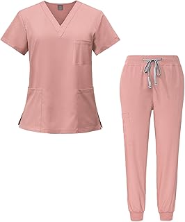 Médico Mono Conjunto Cuello en V Top de manga corta con 3 bolsillos Slim Pantalones de secado rápido Varios colores y tamaños Unisex DK05
