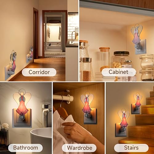 Image of Stained Glass Pink Angel Night Lights Plug in for Home Decor | Chrome & Stained Glass Night Light Plug into Wall,Holiday Night Light for Hallway Mothers Day Gift for Mom Birthday Christmas
