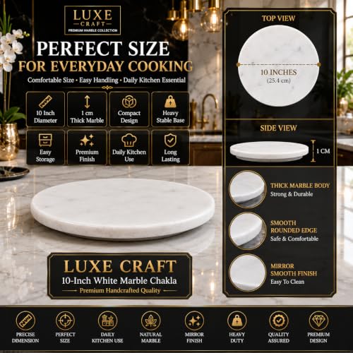 Image of Luxe Craft White Marble Chakla 10 Inch | Roti Chapati & Papad Rolling Board | Smooth Finish Stone Chakla | Heavy Duty Non Slip Dough Rolling Board for Kitchen Use