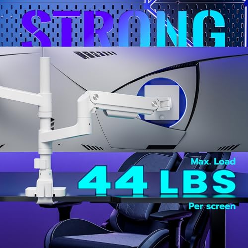 Image of ARES WING Dual Monitor Arm Desk Mount for 17-49 Inch Ultrawide Monitors, Heavy Duty Dual Monitor Mount Holds 44 lbs, Full Motion Gas Spring Vertical Stacked Monitor Mount, 75 /100 VESA Mount, White