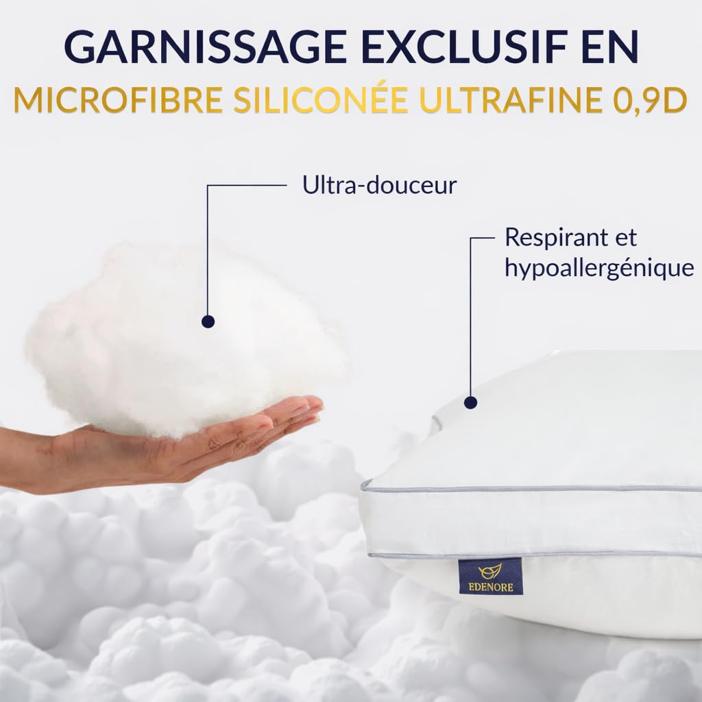 Oreiller 50x70 Lot de 2 - Oreiller rectangulaire | Microfibre 0,9D Effet Duvet | Housse 100% Coton | Soutien Durable et Confort Moelleux | Confort hôtel 5 étoiles