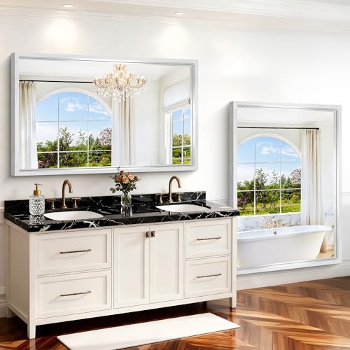 Image of 60 inchx40 inch Brushed Silver Bathroom Mirror, Large Rectangular Mirror for Wall, 0.6 inch Thickened Deep Frame Mirrors for Bathroom Sink, Shatterproof Tempered Glass, Antirust, Horizontally or Vertically