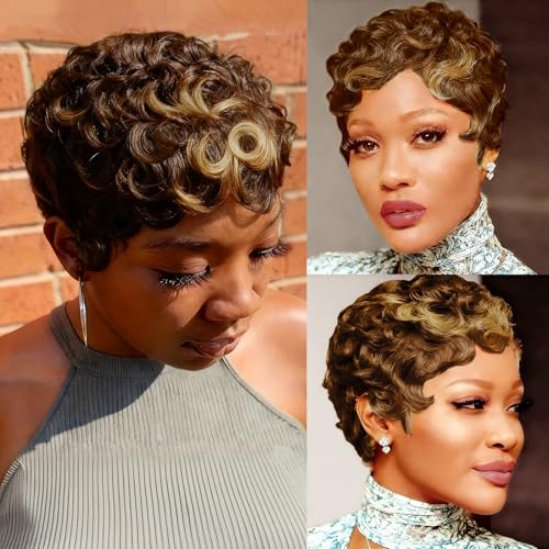 Gemlux Honey Blonde Highlight Pixie Cut Real Hair Wigs Balayage
