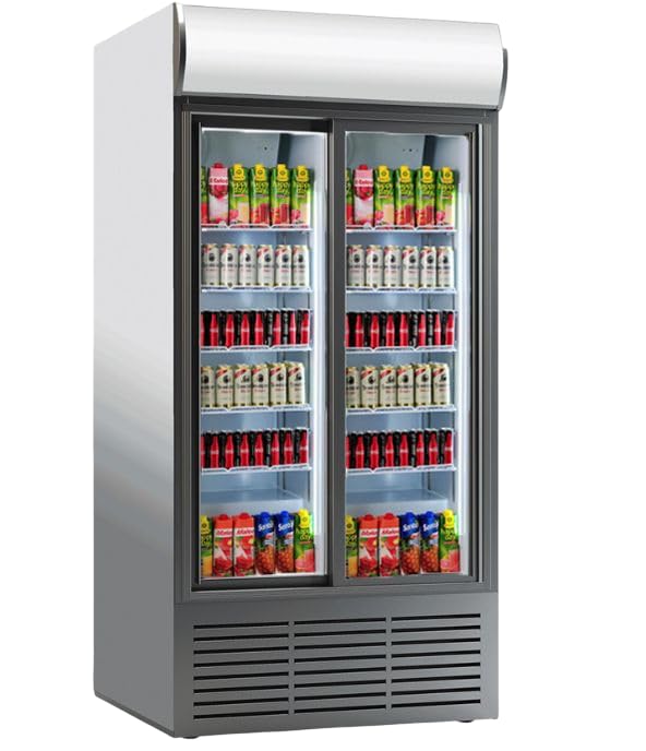 Réfrigerateur à Boissons Commercial 900 L Frigo Vitrine 2 portes coulissantes Température 0-10 ℃ Armoire à Boisson Réfrigérée Étagères Réglables et Caisson Lumineux serrure supermarché café snack bar