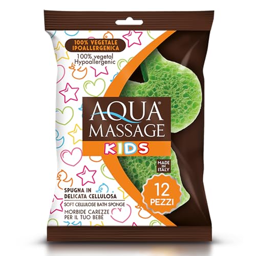 ARIX | 12 esponjas para el cuerpo suave de pura celulosa vegetal de la línea Aqua Massage Kids, esponja de baño para niños delicada, 12 unidades