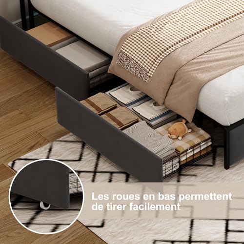 Bett 140 x 190 cm mit LED- und USB-Bettgestell, gepolstertes Doppelbett mit 4 Schubladen, gepolstertes Bett mit großem Stauraum, Litss mit Schubladen für Erwachsene und Jugendliche (Grau-D, 140 x 190 – Bild 8