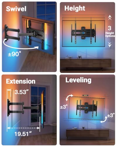 Image of Pipishell Full Motion TV Wall Mount with LED Lights for 32-65 Inch TVs