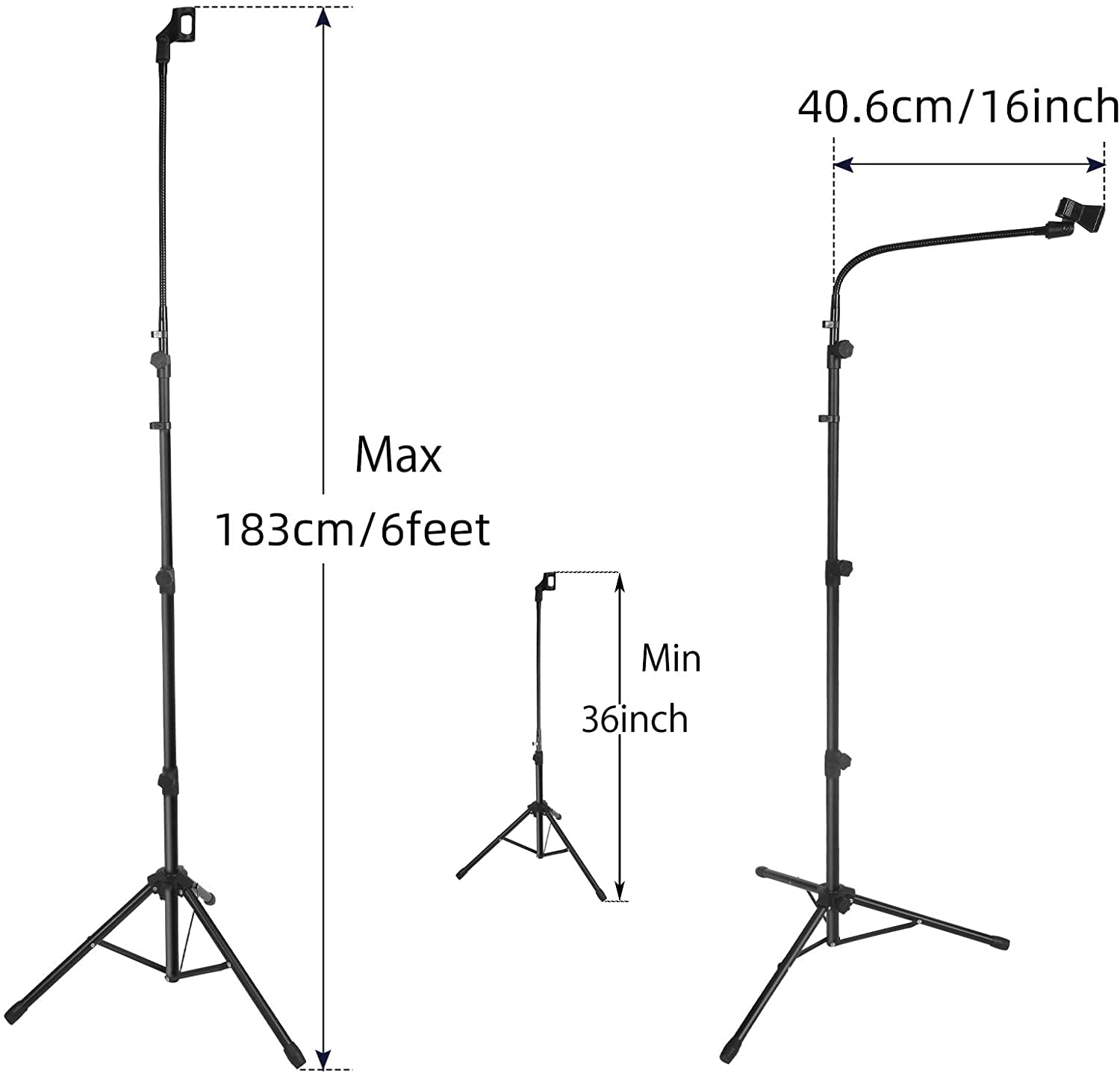 LIUGAST Supporto per microfono portatile con supporto per telefono, treppiede a collo d'oca regolabile da 0,9 a 1,8 m, 2 clip per microfono standard, nero