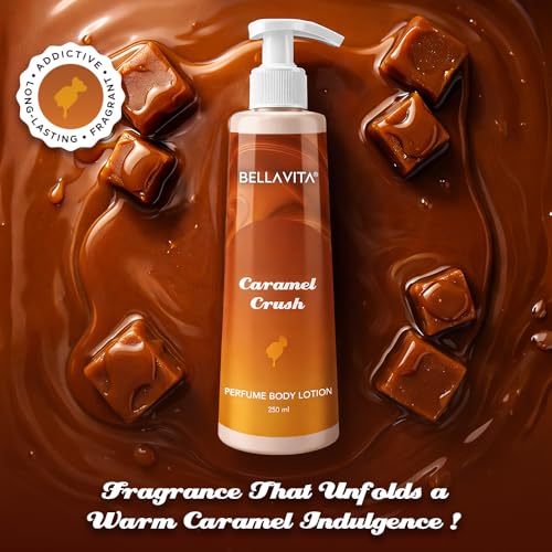 Image of BELLAVITA Caramel Crush | Perfume Body Lotion for Man and Woman | Long-lasting Hydration | Soft & Smooth Skin | Long-lasting Scent | Paraben-free | Infused with Cocoa Butter & Glycerin | 250ml