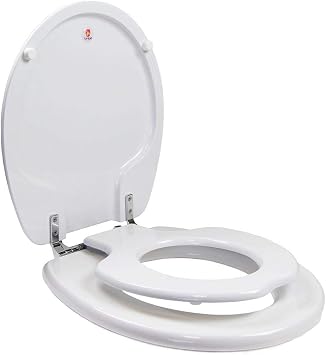 TinyHiney Potty Toilet Seat, Adult/Child with Chromed Metal Hinges, Wood, Round, White