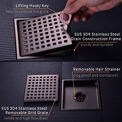 Orhemus Square Shower Floor Drain with Removable Cover Grid Grate 6 inch Long, SUS 304 Stainless Steel Brushed Bronze Finish