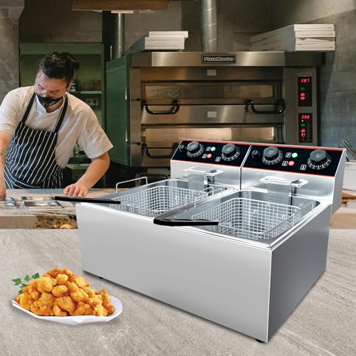 Commercial Deep Fryer, 12.6 QT Electric Deep Fryer with Double Basket and Lid, Stainless Steel Deep Fryer with Independent Temperature Control for Restaurant or Home Use, 1500W+1500W
