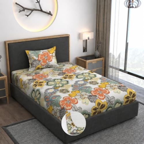Image of Vaini Premium Heavy Cotton Elastic Fitted Bedsheets with 1 King Size Pillow Covers || Single Bed with All Around Elastic 350 TC || 36 x 78 x 6 Inch Single Size Fitted || :- Cream Big Flower