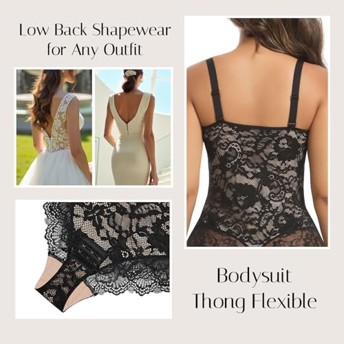 Lace Shapewear Bodysuit for Women V Neck Seamless Tummy Control Bodysuit Adjustable Straps Sculpting Thong Body Shaper4
