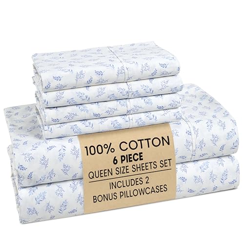 Casa Platino 100% Cotton Sheets Queen Size Set - 6 Pieces (1 Flat, 1 Fitted, 4 Pillowcases) - Soft & Breathable Percale Weave - Cooling Bed Sheets with Deep Pocket - Durable Queen Sheet Set - Amethyst