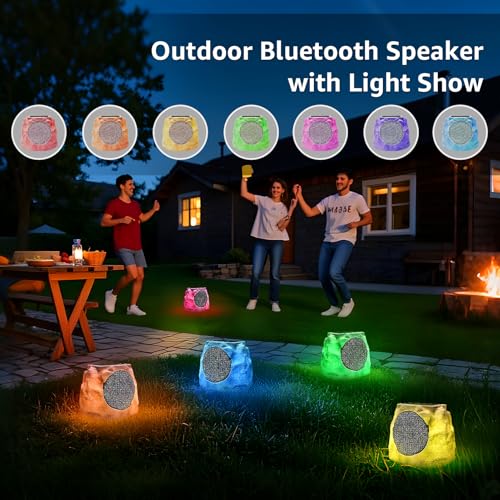 GGII Solar Powered Rock Speakers Outdoor Water-Resistant IP44 with Lights 7 Colors, TWS Pair Function for Patio Outside Deck Pool Garden BBQ 1-Pack